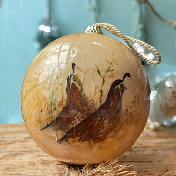Vtg Decoupage Barry Patch Round Christmas Ornament Quails Nature Bird Watching - Picture 1 of 8